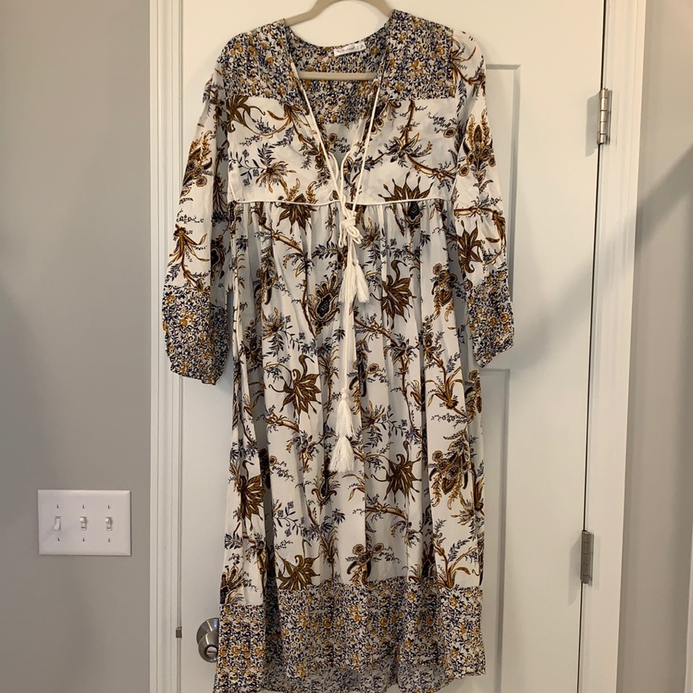 Bohemian White Floral Midi Dress with Tassel Tie